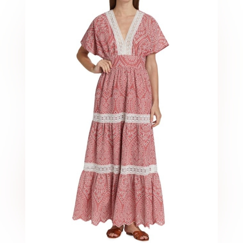 NWT Elie Tahari Lace Trimmed Tiered Eyelet Maxi Dress - Size 6